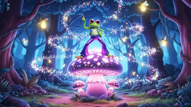 enchanted forest frog on magic mushroom psychedelic wonderland