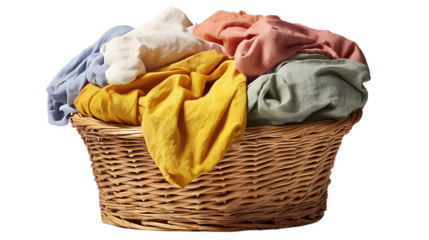 A close-up detailed view of a wicker basket containing freshly laundered clothes in assorted colors, realistic texture and folds, displayed cleanly on smooth white background 