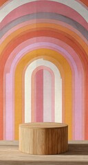 Wooden podium against a backdrop of layered, arching, pastel-colored stripes