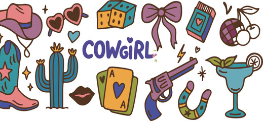 Charming hand drawn line art collection featuring whimsical cowgirl elements like boots hats horseshoes and cacti for a cute rodeo aesthetic