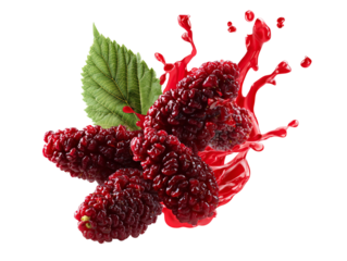 Close-up of a luscious mulberry fruit with a striking leaf and vivid splash of its rich juice