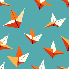 Charming seamless pattern featuring clusters of traditional japanese origami paper cranes in various colors