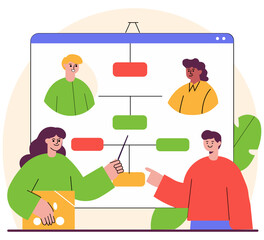 Flat Vector Illustration of Team Members Reviewing and Discussing Gantt Chart on Large Screen Together