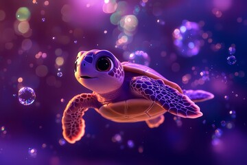 Cute baby turtle swimming in the sea with bubbles and purple light, big-eyed cartoon character in 3D animation style