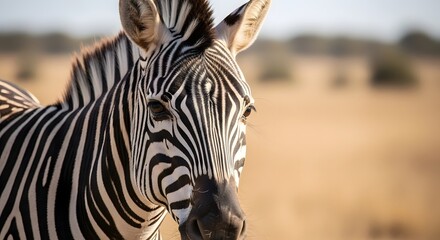 Naklejka premium A close up portrait of a zebra with its distinct black and white stripes in a natural environment