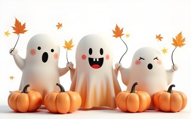 3d illustration of cute ghosts with pumpkins and autumn leaves isolated on transparent background. High quality