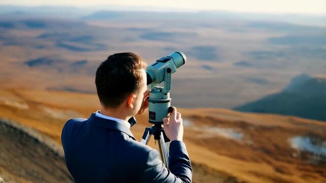 Man in suit observing vast landscape through monocular on mountain summit at sunrise