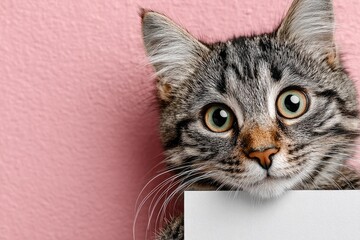 Curious tabby cat peeking from behind a blank white sign against a pink background