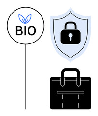 Circular eco-friendly badge with leaves, blue-edged shield with lock, and sleek business briefcase. Ideal for eco-commerce, security, corporate identity, modern branding, sustainability, ethical