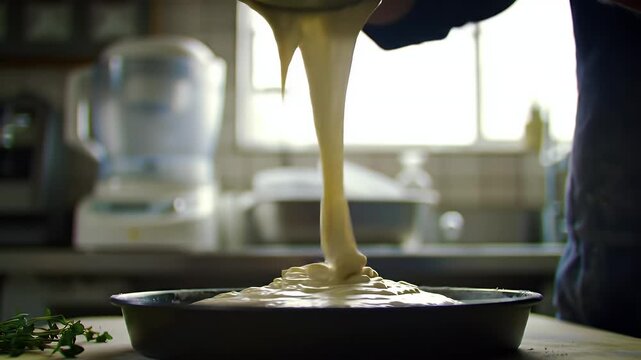Baker's Meticulous Act of Pouring Cake Batter into a Round Pan in a Rustic Kitchen a Culinary Symphony of Smooth Texture and Aromatic Herbs with Thyme on Wooden Surface against a Softly Blurred