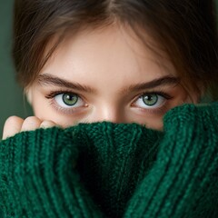 Portrait of a beautiful woman with green eyes wearing a green sweater fashion beauty eye contact face