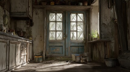 Abandoned Kitchen. Forgotten Space with Antique Wooden Interior and Wall Details