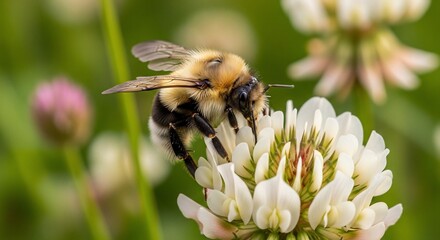Bumble bee on white clover flower collecting pollen in garden nature wildlife close up macro photography