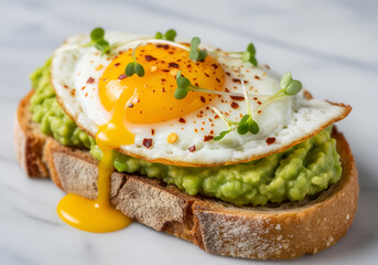 A close-up shot of avocado toast topped with a fried egg, yolk dripping.