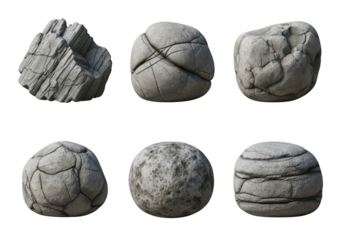 Collection of six textured rocks isolated on transparent background