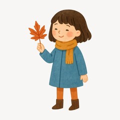 Child holding autumn leaf illustration.