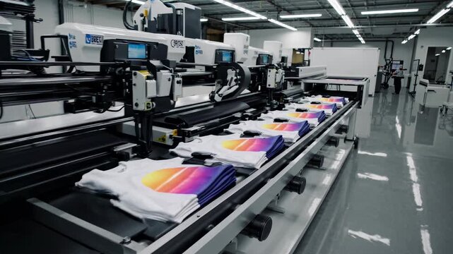 Industrial T Shirt Printing Featuring Gradient Designs in a Modern Factory Setting, Showcasing Automated Processes and Technology