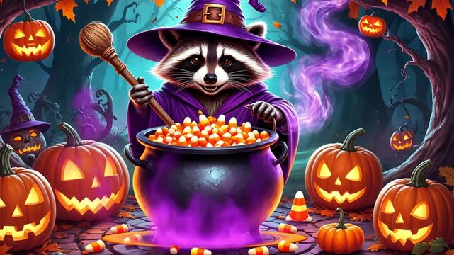A raccoon in a purple witch's hat stirs a cauldron filled with candy corn. Surrounding pumpkins are carved with spooky faces in a dark forest setting.