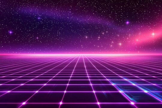 Neon grid background with glowing purple lines and starry sky, 80s retro gaming style with futuristic digital aesthetic