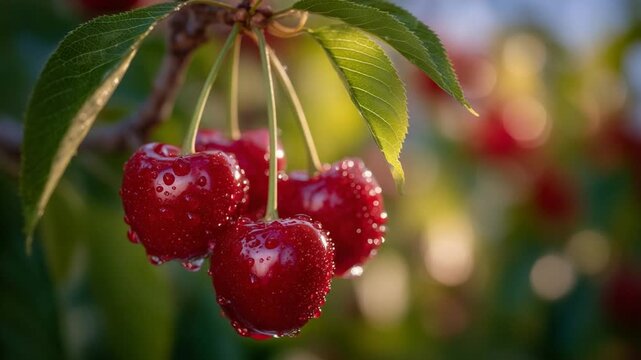Three cherries glisten with moisture in golden hour sunlight, contrasting vividly against green leaf veins, as a soft breeze gently sways the branch.