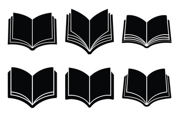set of black open book icons on white background with pages showing reading knowledge
