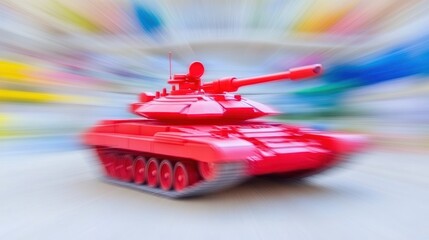 Vibrant red toy tank speeding across a blurred colorful background creating motion