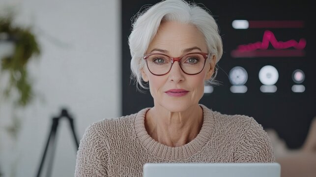Senior woman using laptop and looking thoughtfully in telemedicine setting 