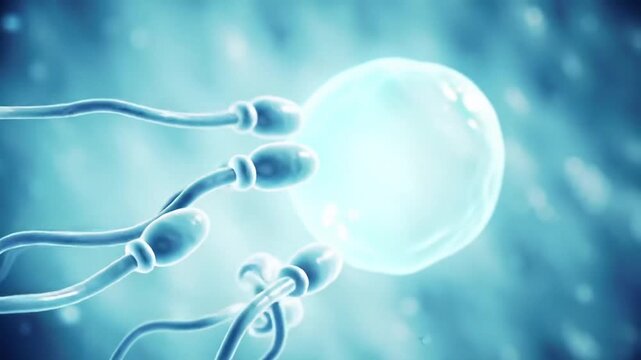 Animated Sperm Cells Swim Towards a Human Egg Cell In Light Blue Background Perfect for Biology, Fertility and Medical Research High Angle Close Up View