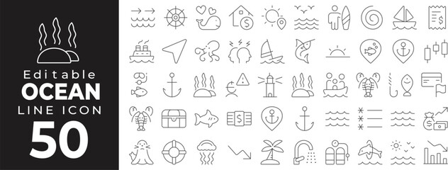 Ocean and marine set of web icons in line style. Nautical linear icons collection. Containing waves, surfing, boat, lighthouse, beach, sailboat, marine animals, diving, ecology, pollution. Editable