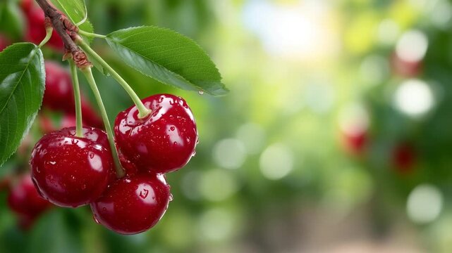 Vibrant red cherries glisten on a branch, framed by sunlit leaves in a serene summer orchard setting.