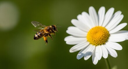 Honey bee pollination close up on daisy flower in summer garden nature insect flying macro photography