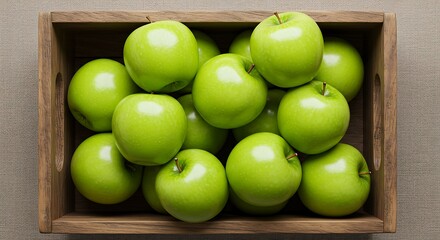 A Rustic Wooden Crate Filled with Fresh, Vibrant Green Apples