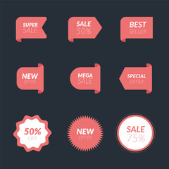 Tag collection featuring sale and new labels. Includes red scrolls, banners, discount ribbons, shopping tags, and promotional icons.
