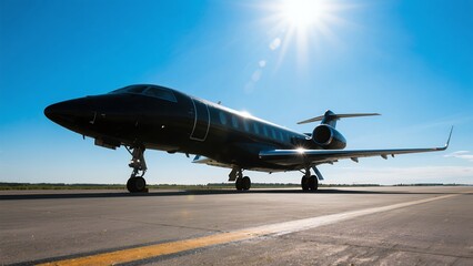 Fototapeta premium Black Private Jet on Runway Under Bright Sun in Clear Sky