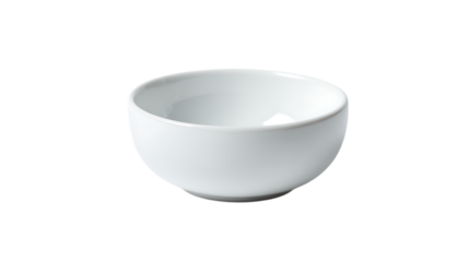 A deep round ceramic serving bowl in bright white, polished surface, perfect for kitchenware product photography on plain white background 