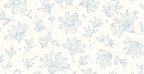 Floral print pattern background in provance style, floral background with beige and blue pastel tones. Pastel tones vintage style wallpaper in vector.