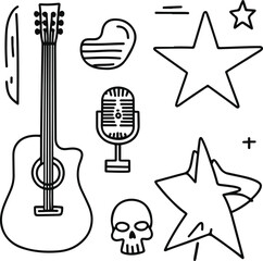Minimalist black and white line art doodle set, music star theme. Large objects guitar, microphone, skull, graffiti star. Crisp outlines, balanced proportions, professional and clean vector