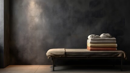 Stack of colorful folded towels on spa bench in dark minimal background, cozy relaxation for wellness, home comfort, and luxury bathroom.