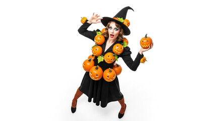 A woman in a witch costume, adorned with pumpkins, poses playfully against a white background.