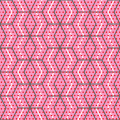 Vector version. hexagonal geometry  with polka dots repeat pattern on light pink background seamless repeat pattern.