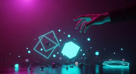 A hand reaching for glowing geometric shapes in a neon lit environment