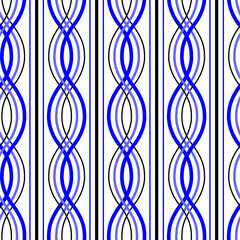 Raster illustration. royal blue and black overlapping swirls with stripes seamless repeat pattern.