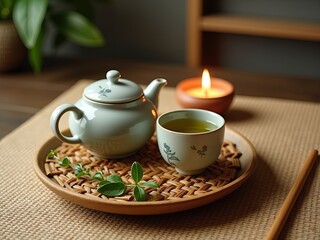 Fototapeta premium Serene tea ceremony setup on low wooden table with teapot, teacups, and natural elements styled for calming atmosphere, traditional tea culture, and relaxing lifestyle food photography