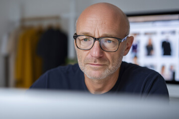 Photo of a 50 year old Caucasian man with a bald head and glasses, browsing a fashion marketplace on a large desktop monitor in a tidy home office. Low angle through an object (lam