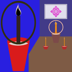 Abstract candle vector design with red pot and background pattern, ideal for meditation, spirituality, worship, and decoration.