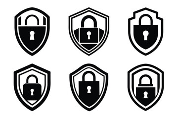 set of black shields and padlock security icons on white background protection
