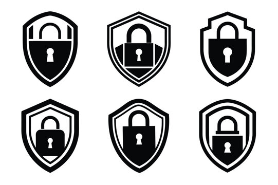 set of black shields and padlock security icons on white background protection