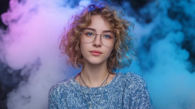 A confident young woman with glasses exhales swirling e-cigarette vapor, set against a moody, neon-lit backdrop in purple and blue.
