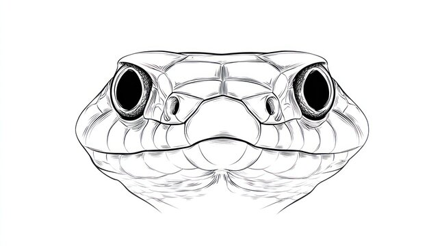 Snake's head sketch, direct view, showing scales and big dark eyes on white