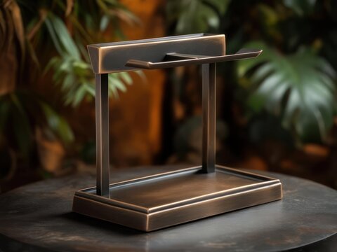 Dark bronze, decorative, two-hook display stand for accessories.